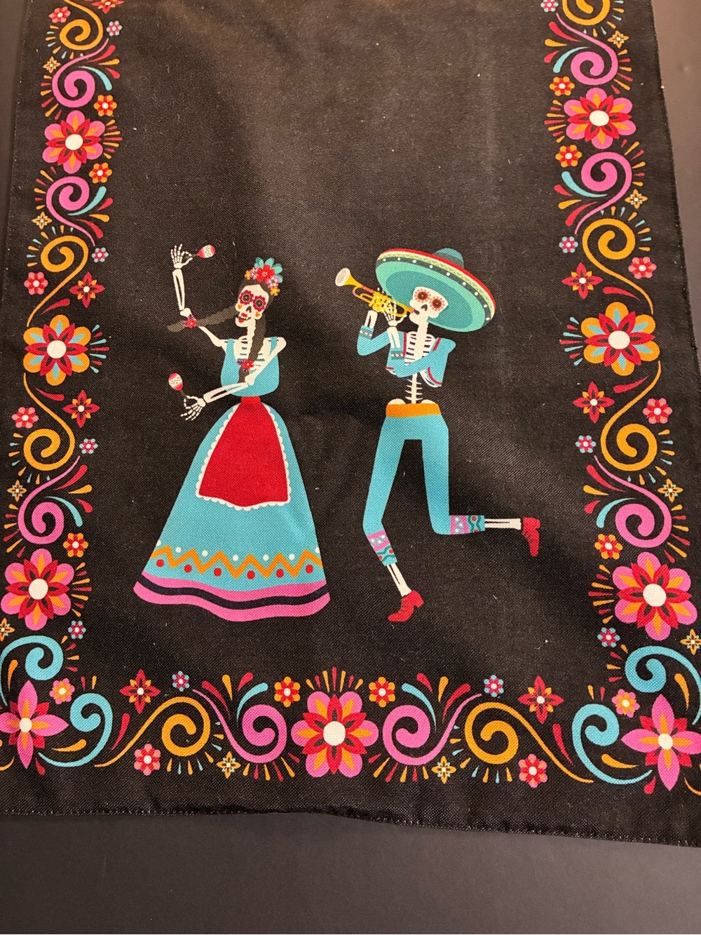 Day of the Dead Skeleton Dance Decorative Table Runner - Black with Teal & Pink